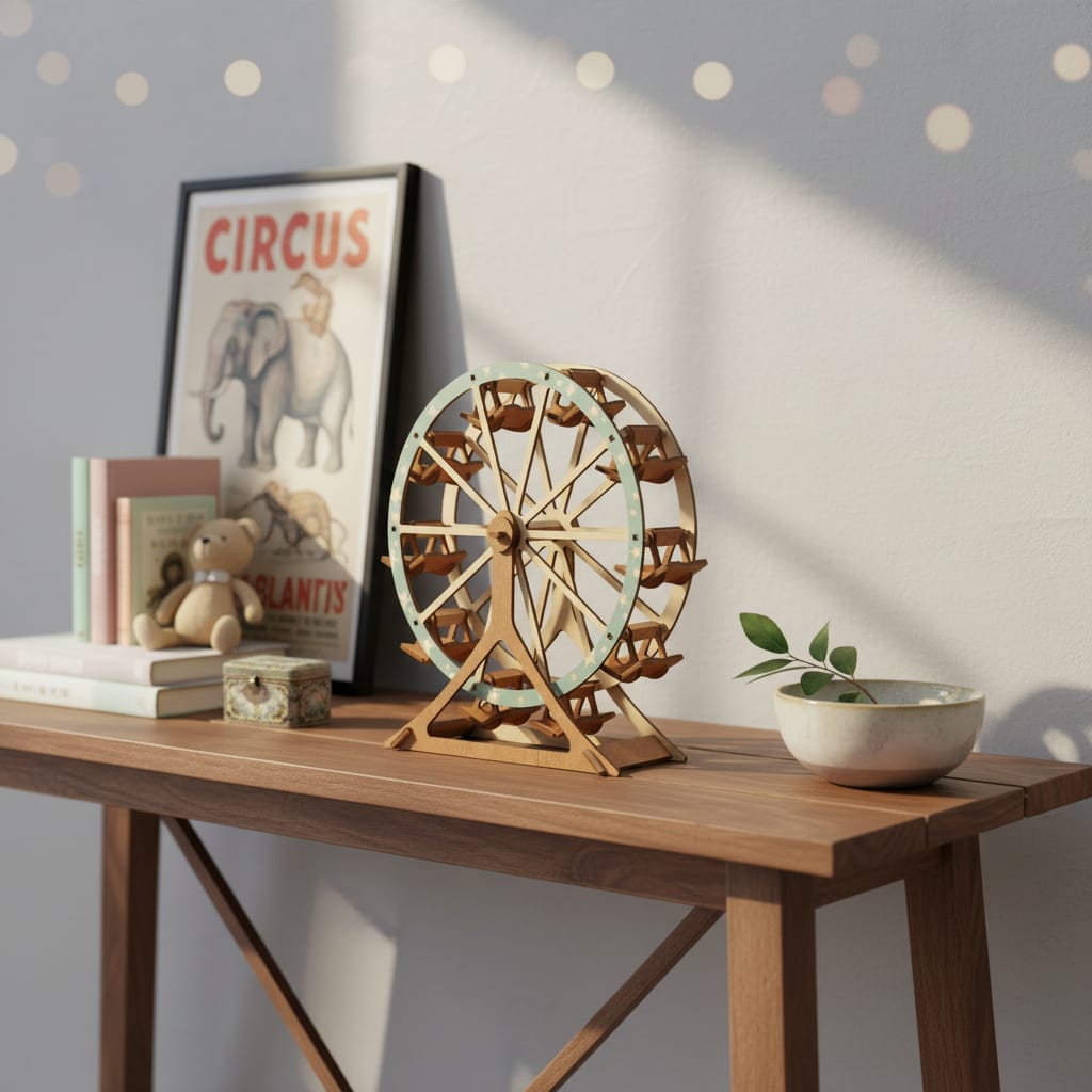 Puzzle 3D du Grande Roue en Bois, placé sur une cheminée en pierre