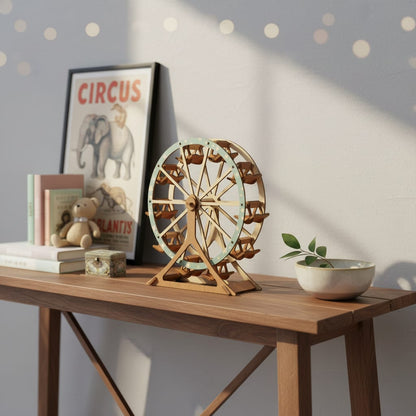 Puzzle 3D du Grande Roue en Bois, placé sur une cheminée en pierre