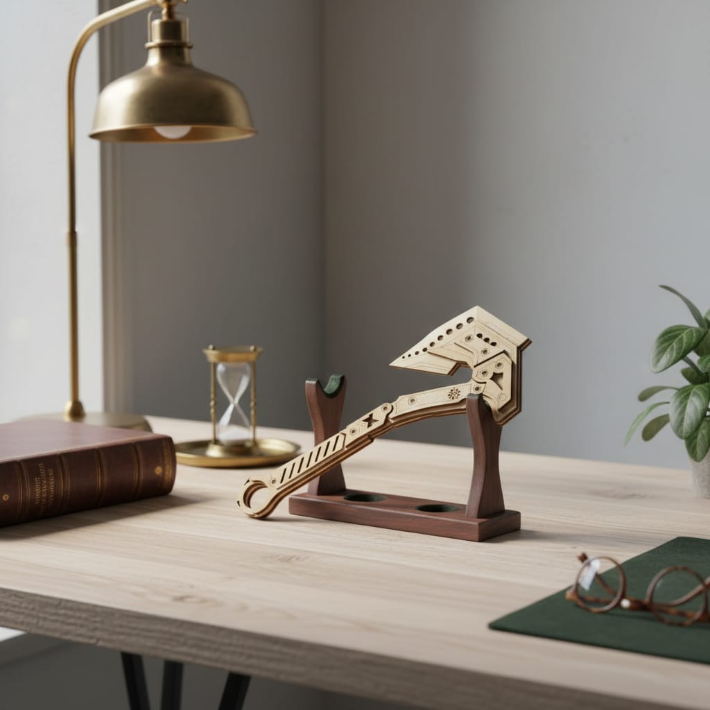 Puzzle 3D du Hache en Bois, placé sur une cheminée en pierre