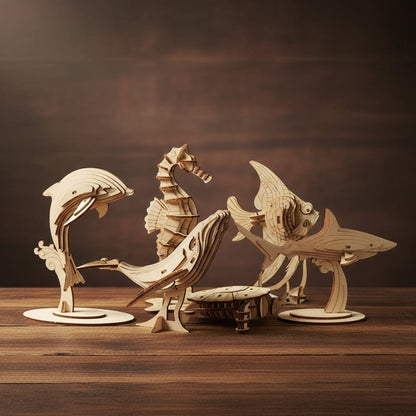Coffret 6 puzzles 3D animaux marins en bois, les six modèles assemblés
