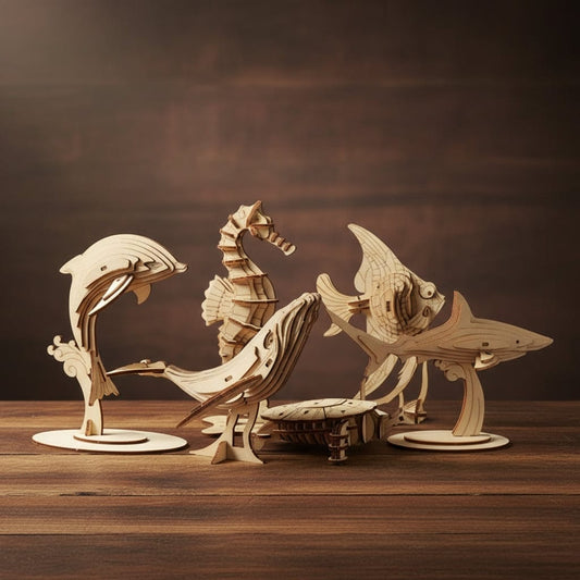 Coffret 6 puzzles 3D animaux marins en bois, les six modèles assemblés
