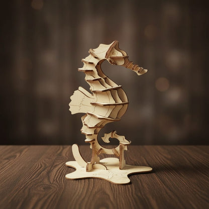 Puzzle 3D hippocampe en bois du coffret animaux marins, assemblé sur sa base