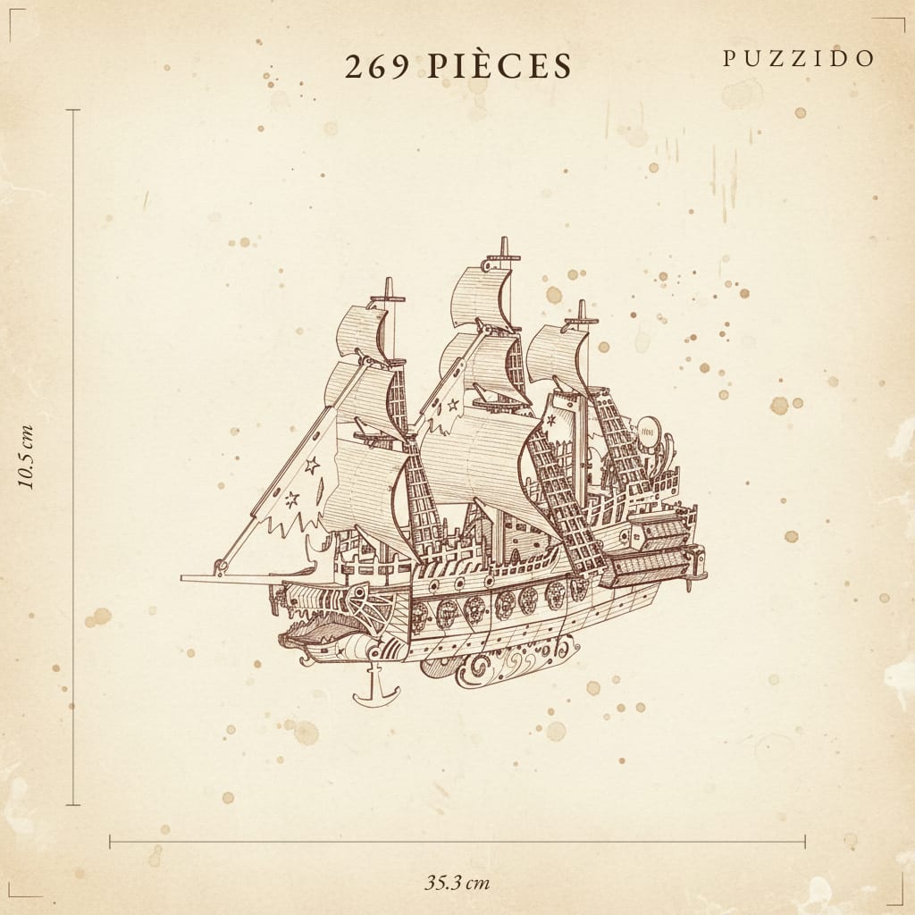 Puzzle 3D du Hollandais Volant, plan technique avec dimensions