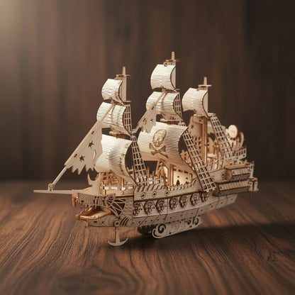 Puzzle 3D du Hollandais Volant, vue studio sur surface en noyer