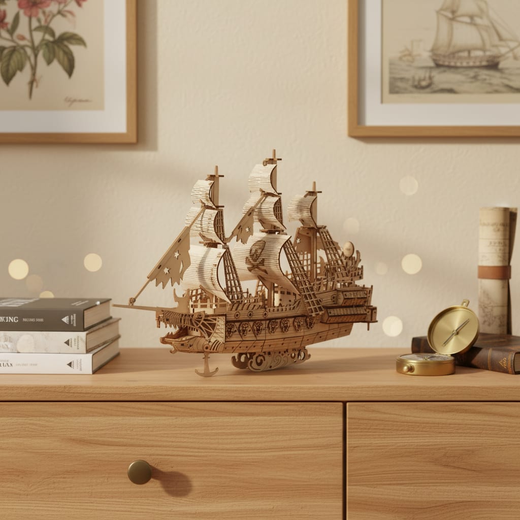 Puzzle 3D du Hollandais Volant, posé sur une commode dans un intérieur design