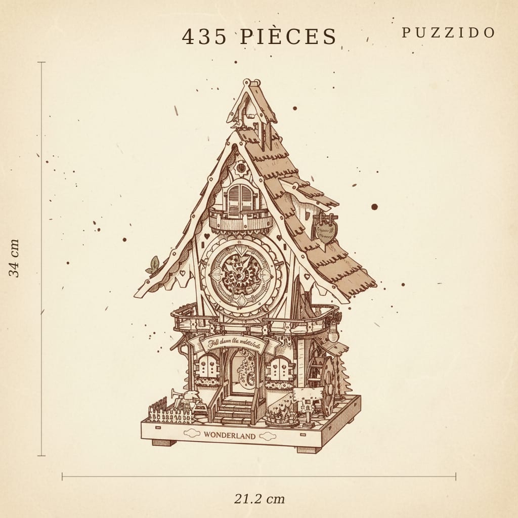 Puzzle 3D du Horloge Coucou en Bois, plan technique avec dimensions