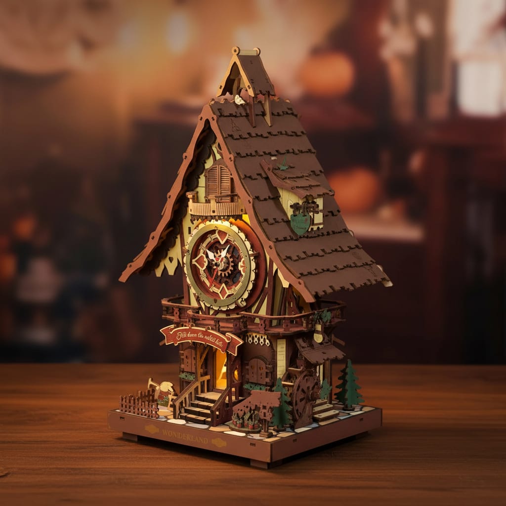 Puzzle 3D du Horloge Coucou en Bois, vue studio sur surface en noyer