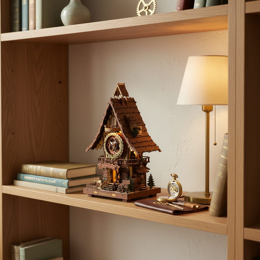 Puzzle 3D du Horloge Coucou en Bois, posé sur une commode dans un intérieur design