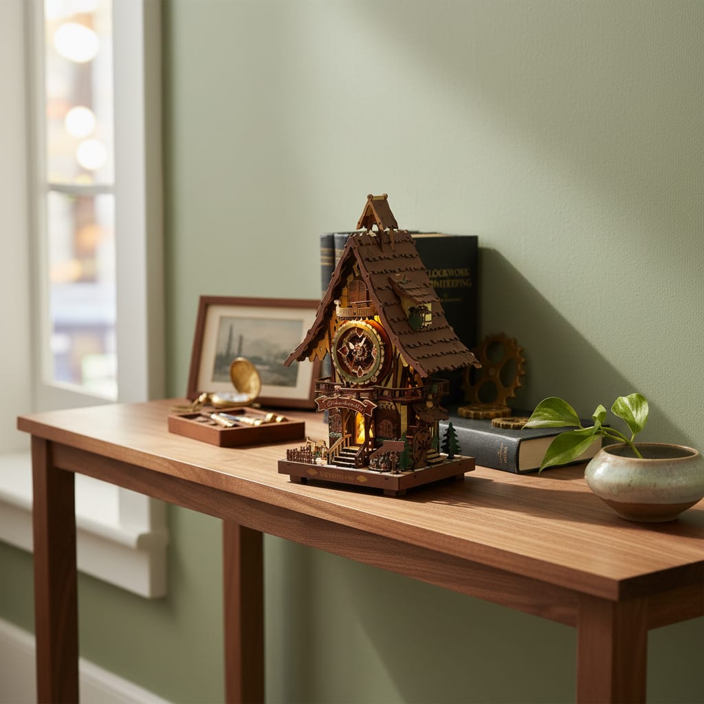 Puzzle 3D du Horloge Coucou en Bois, exposé sur une étagère ouverte