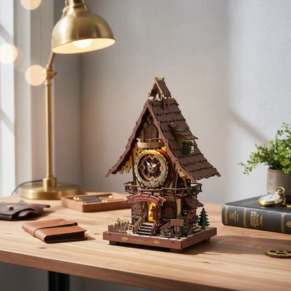 Puzzle 3D du Horloge Coucou en Bois, placé sur une cheminée en pierre