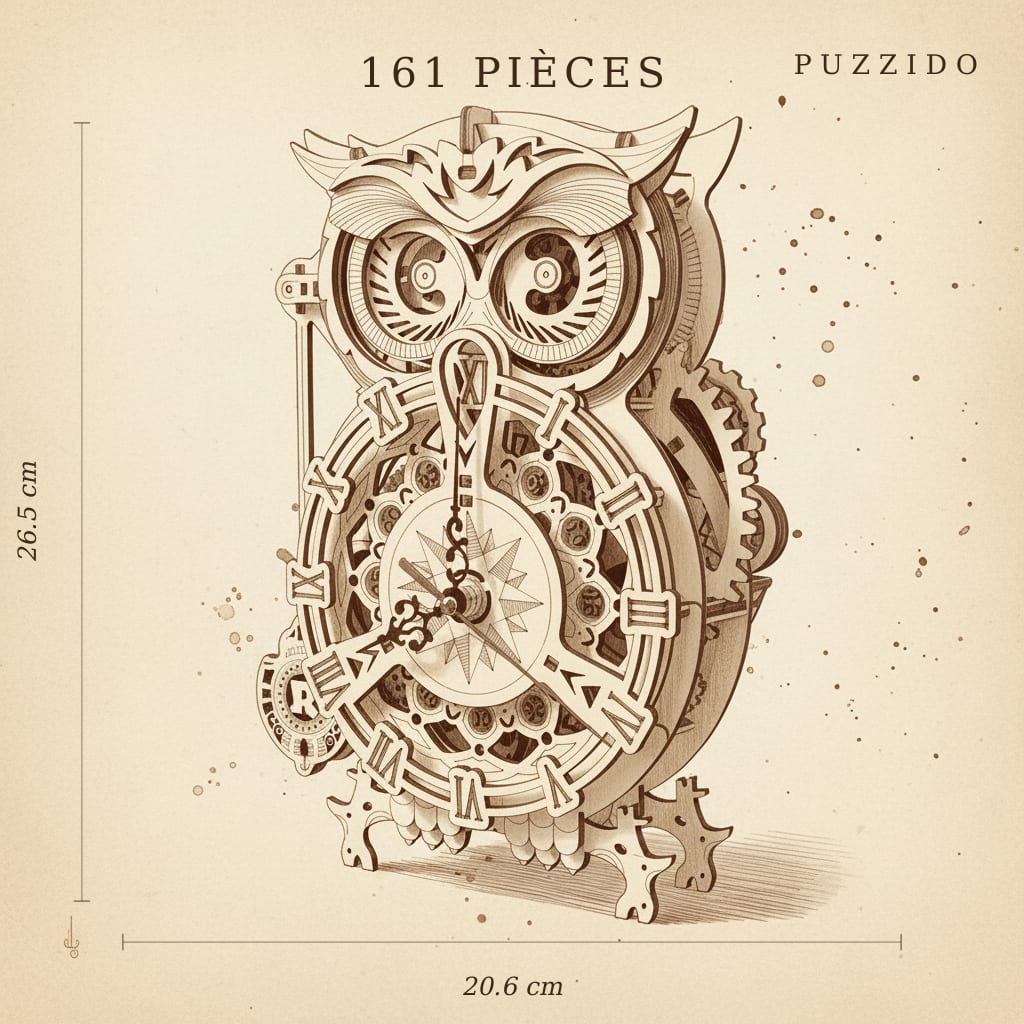 Puzzle 3D du Horloge Hibou, plan technique avec dimensions