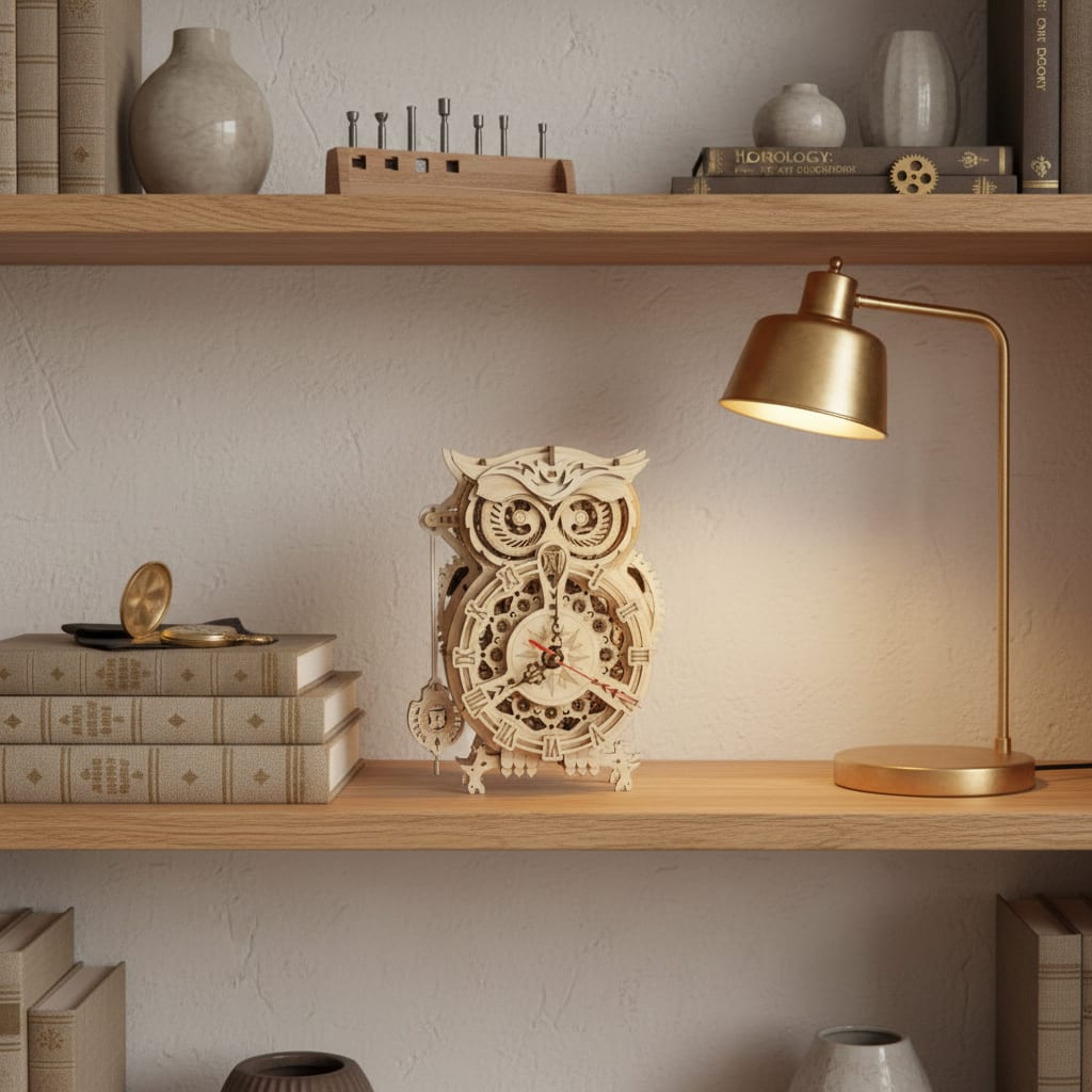 Puzzle 3D de l'Horloge Hibou en bois, cadran et aiguilles assemblés - vue 2