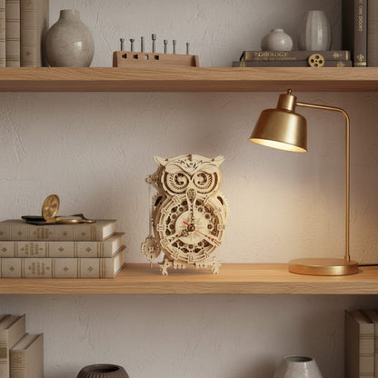 Puzzle 3D de l'Horloge Hibou en bois, cadran et aiguilles assemblés - vue 2