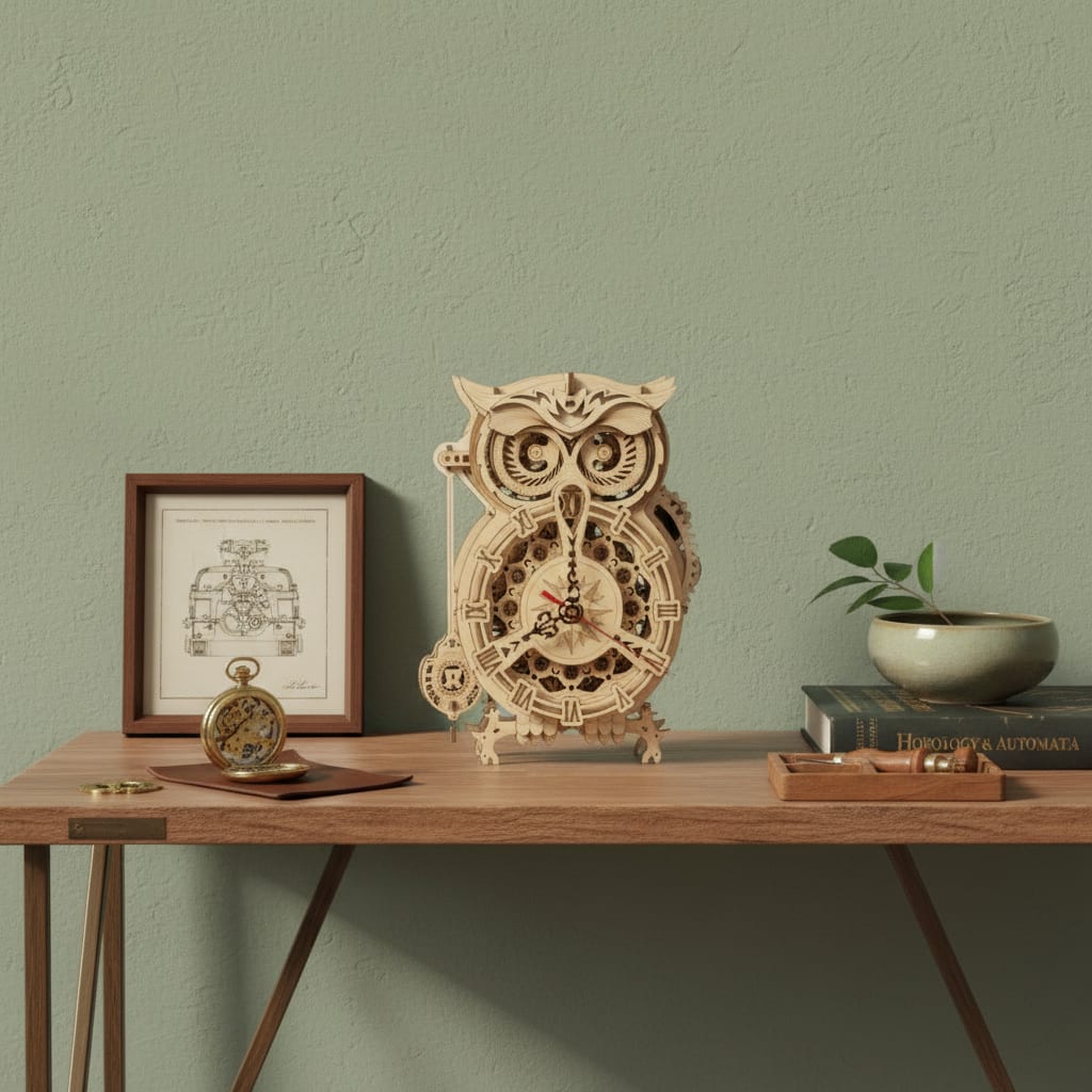 Puzzle 3D du Horloge Hibou, exposé sur une étagère ouverte