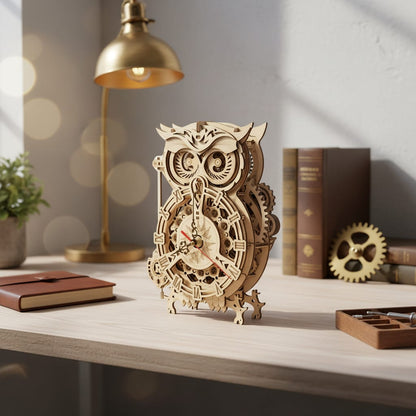 Puzzle 3D du Horloge Hibou, placé sur une cheminée en pierre