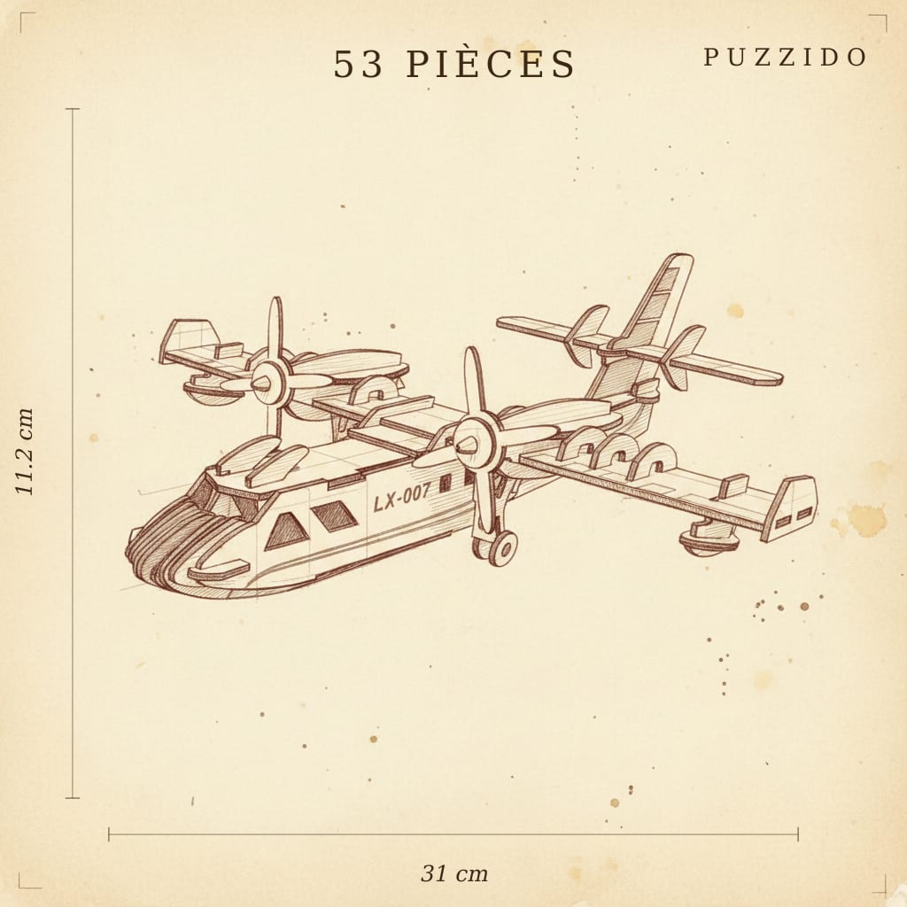 Puzzle 3D de l'Hydravion en bois, plan technique des dimensions.