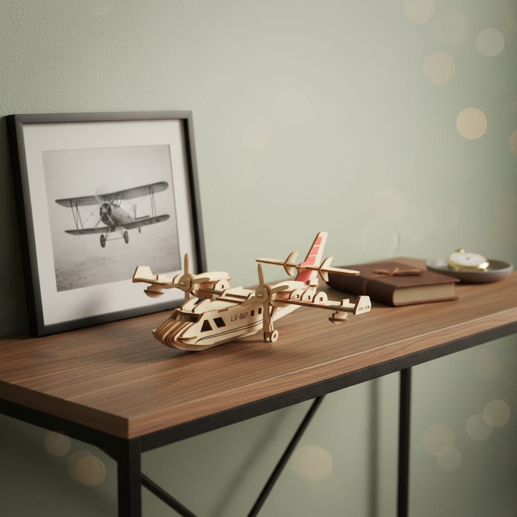 Puzzle 3D du Hydravion en Bois, posé sur une commode dans un intérieur design
