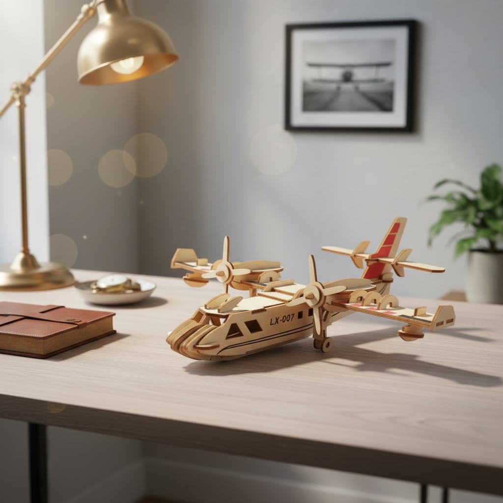 Puzzle 3D du Hydravion en Bois, placé sur une cheminée en pierre