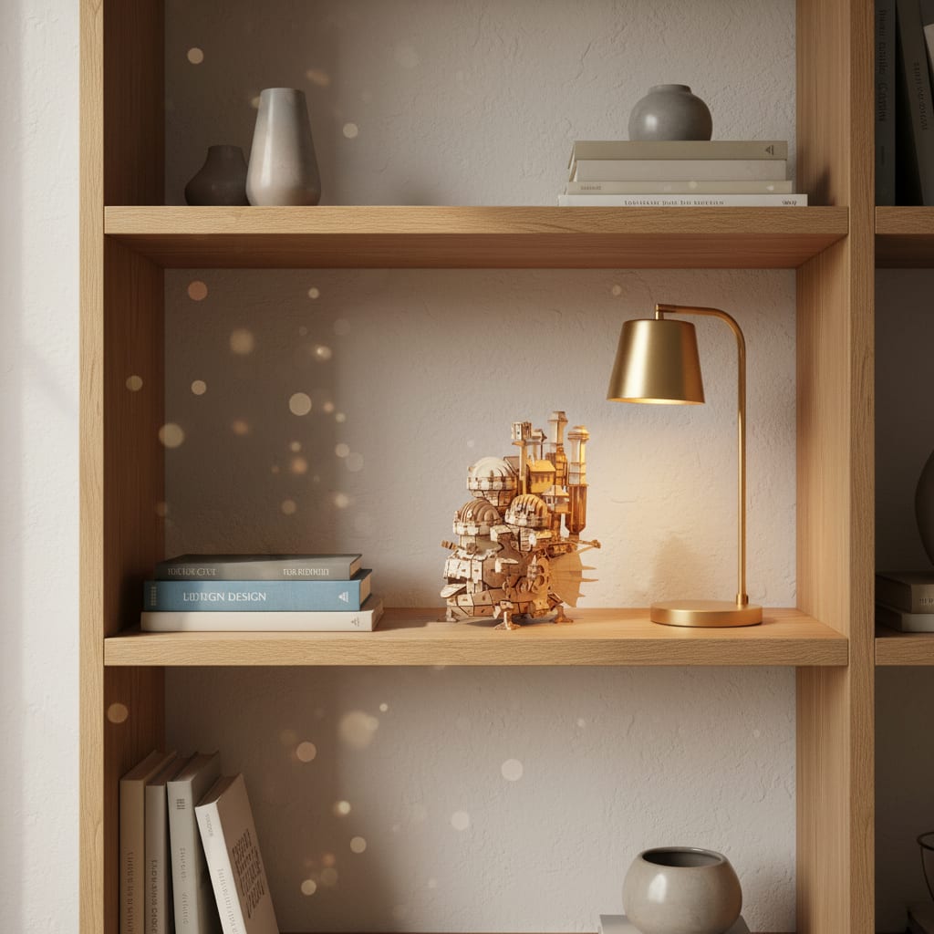 Puzzle 3D du Château Ambulant en bois, posé sur une étagère bibliothèque en chêne