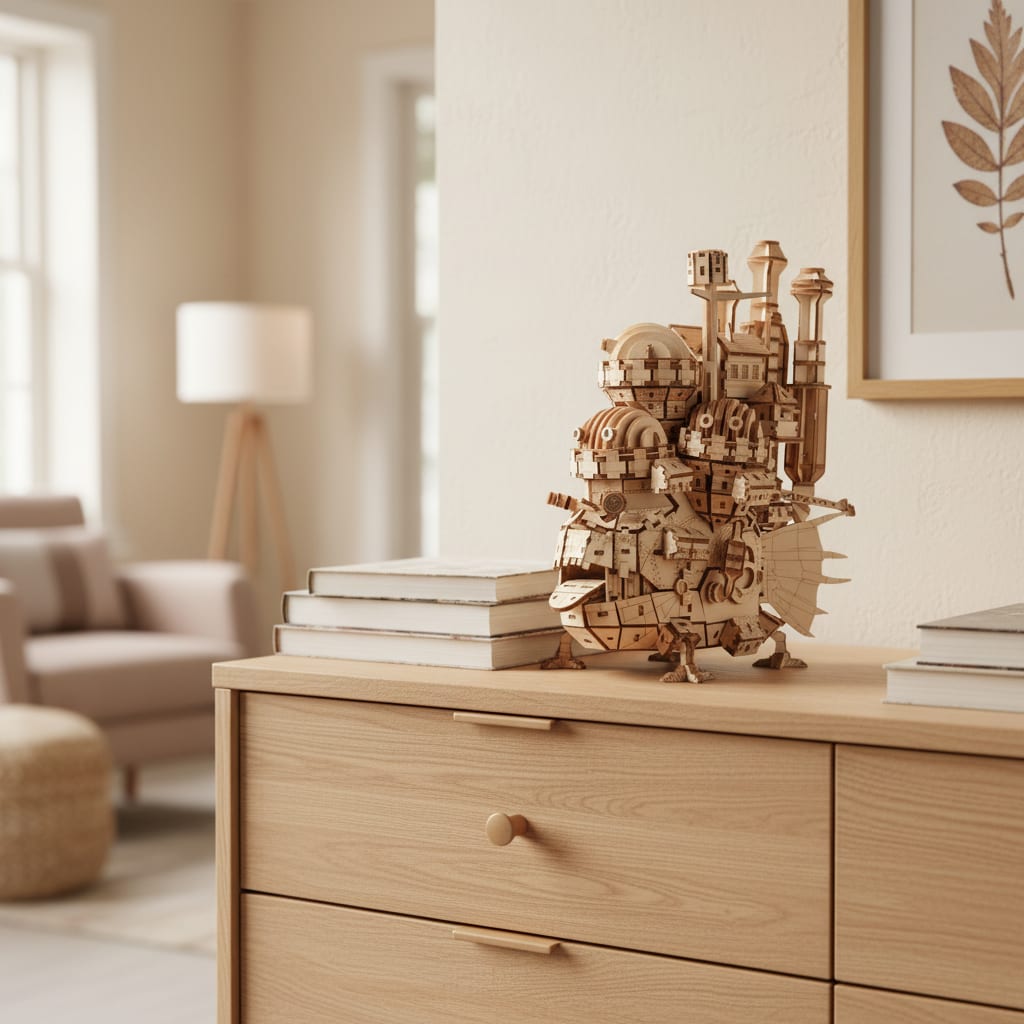 Puzzle 3D du Château Ambulant en bois, exposé sur une commode bois clair