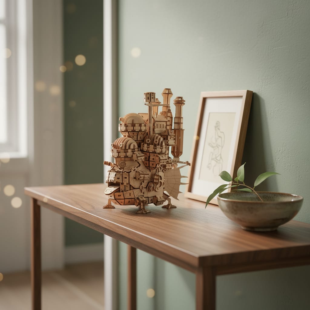 Puzzle 3D du Château Ambulant en bois, posé sur une console étroite mur vert