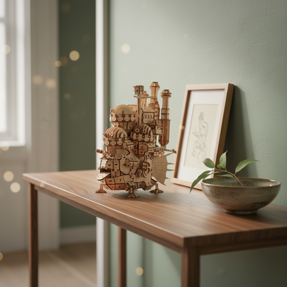 Puzzle 3D du Château Ambulant en bois, posé sur une console étroite mur vert