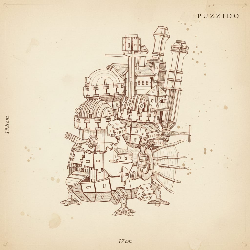 Puzzle 3D du Château Ambulant Peint — Ghibli, plan technique avec dimensions