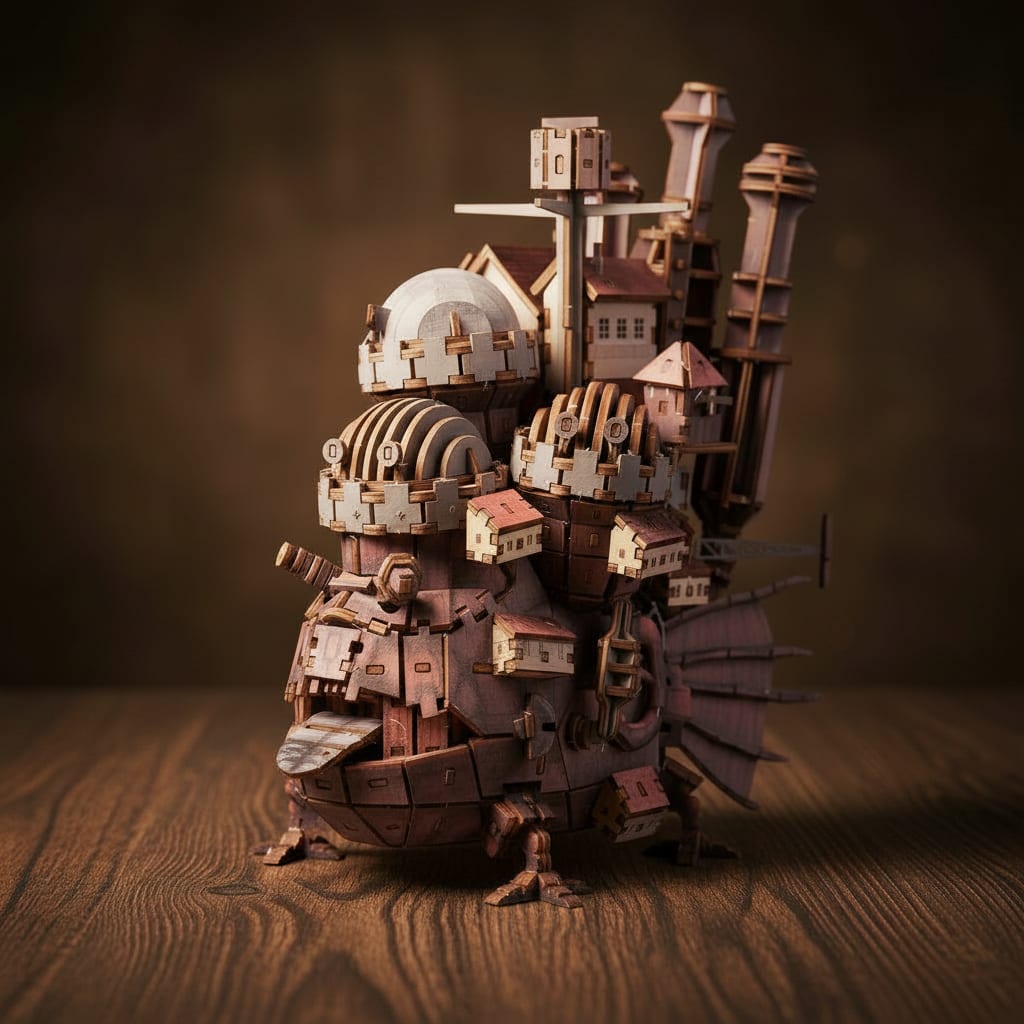 Puzzle 3D du Château Ambulant Peint — Ghibli, vue studio sur surface en noyer