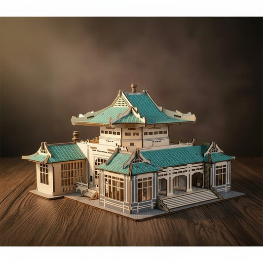 Puzzle 3D de la Librairie de Wuhan en bois, assemblé.
