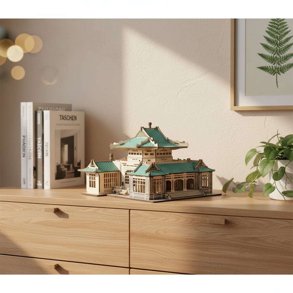 Puzzle 3D du Librairie de Wuhan en Bois, exposé sur une étagère ouverte