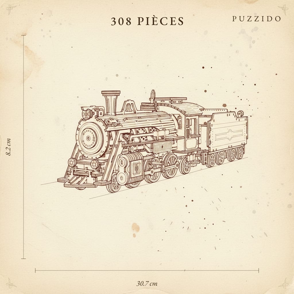 Puzzle 3D Locomotive en Bois — plan technique.