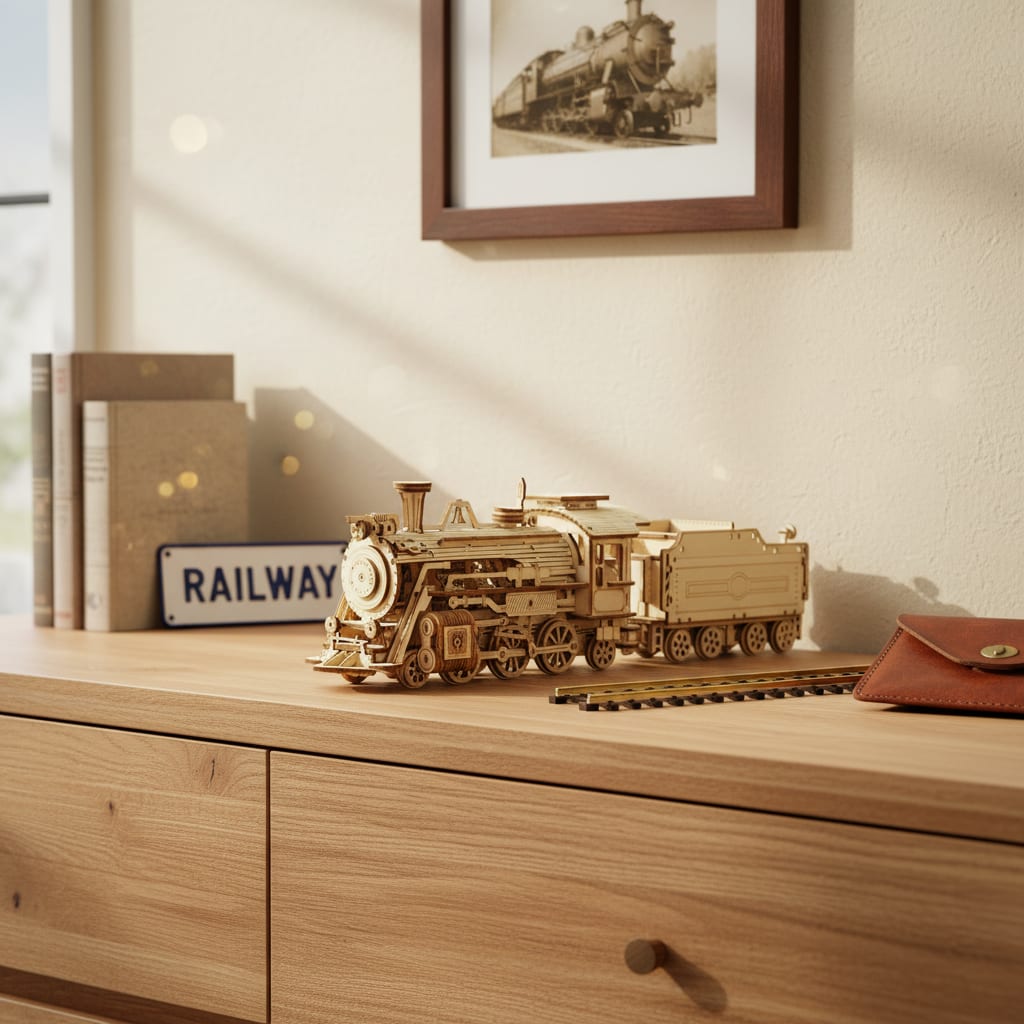 Puzzle 3D du Locomotive en Bois, exposé sur une étagère ouverte