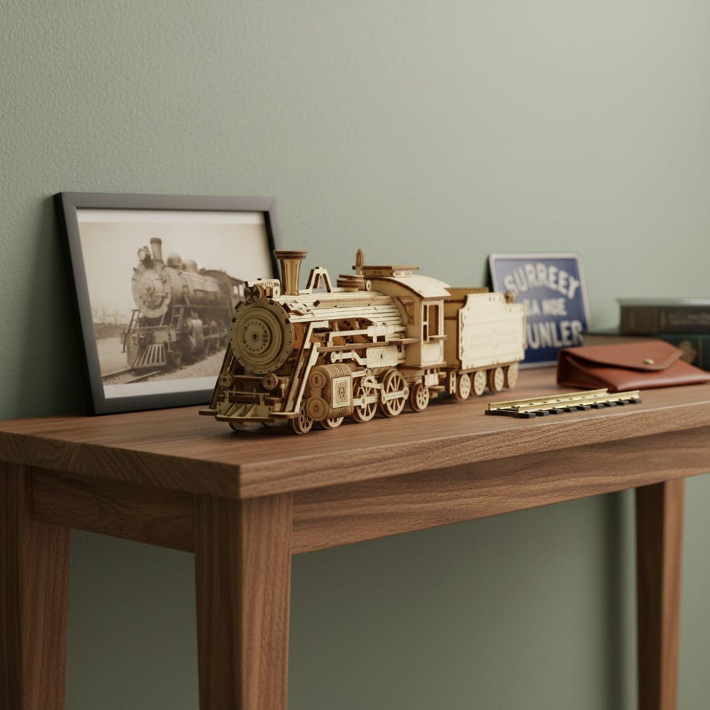 Puzzle 3D du Locomotive en Bois, placé sur une cheminée en pierre