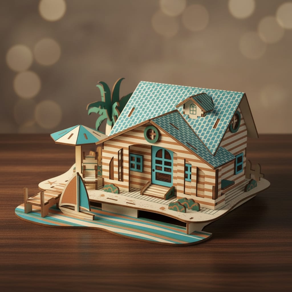 Puzzle 3D du Maison Bali, vue studio sur surface en noyer