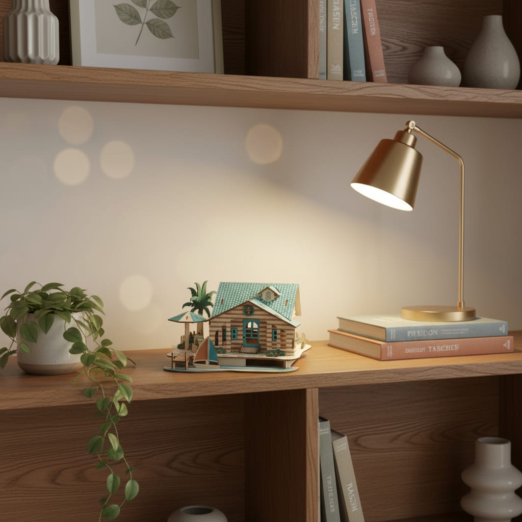 Puzzle 3D du Maison Bali, posé sur une commode dans un intérieur design