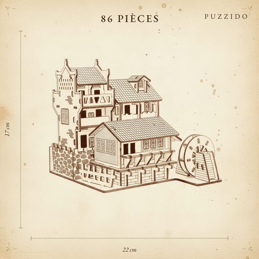 Puzzle 3D Maison Chinoise en Bois — plan technique.