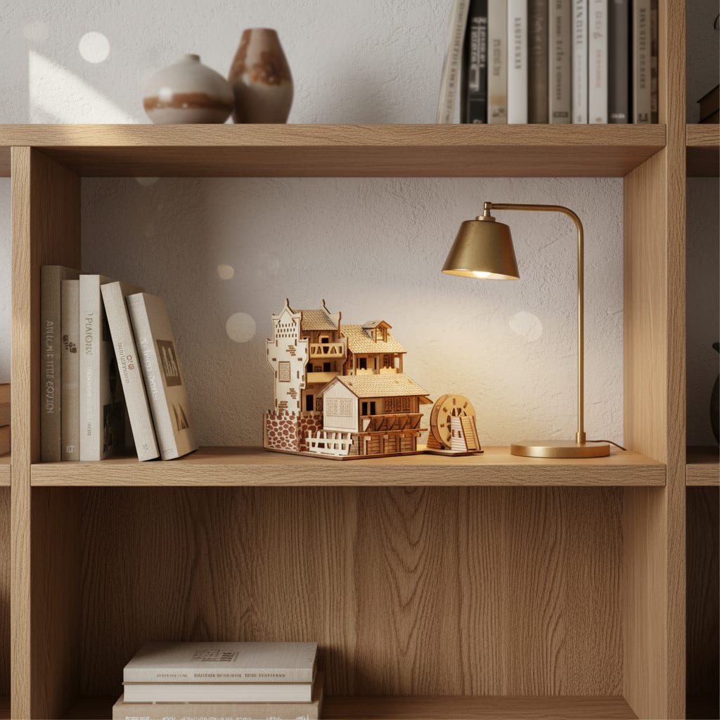 Puzzle 3D du Maison Chinoise en Bois, posé sur une commode dans un intérieur design