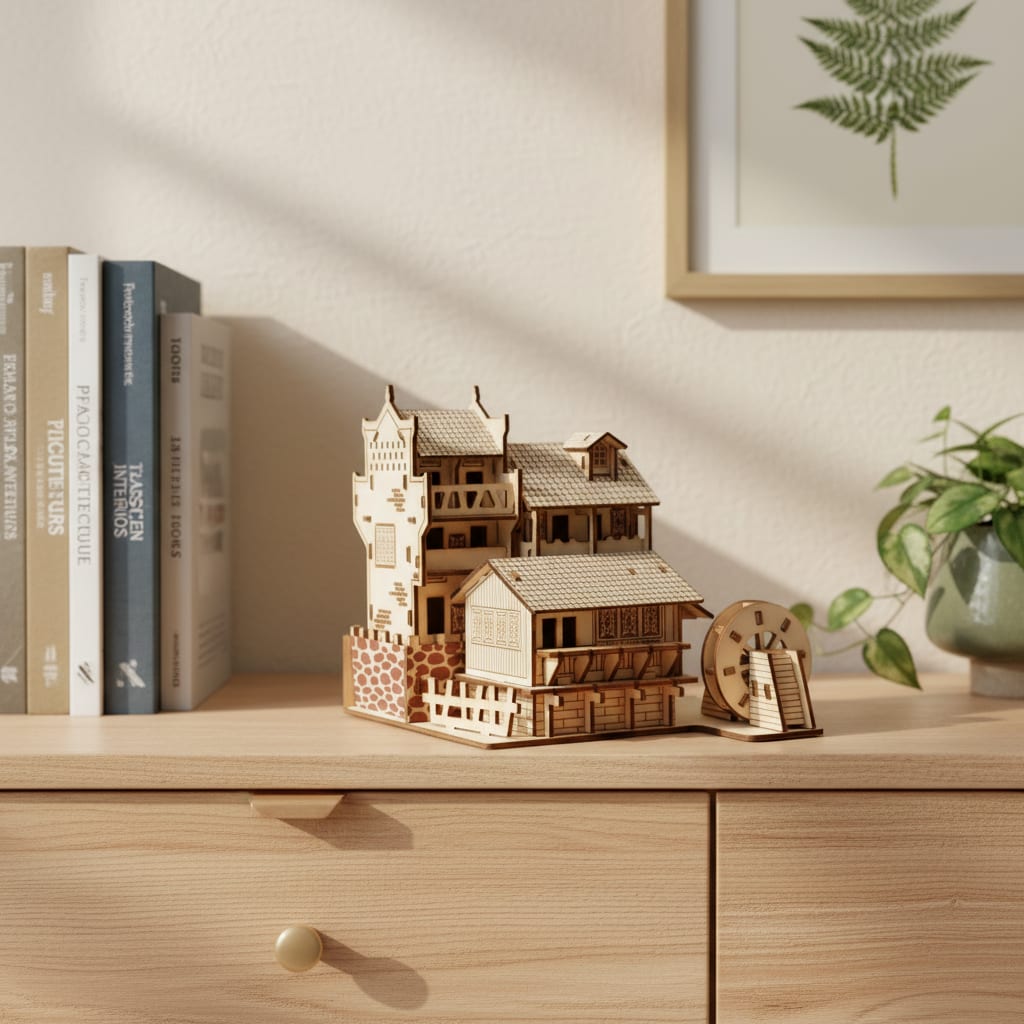 Puzzle 3D du Maison Chinoise en Bois, exposé sur une étagère ouverte