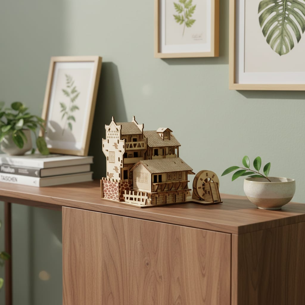 Puzzle 3D du Maison Chinoise en Bois, placé sur une cheminée en pierre