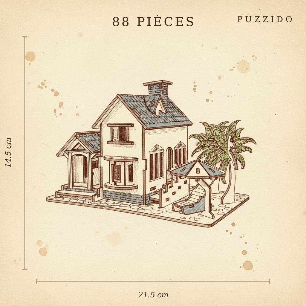Puzzle 3D du Maison de Plage en Bois, plan technique avec dimensions