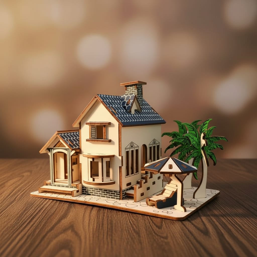 Puzzle 3D de la maison de plage en bois, assemblé.