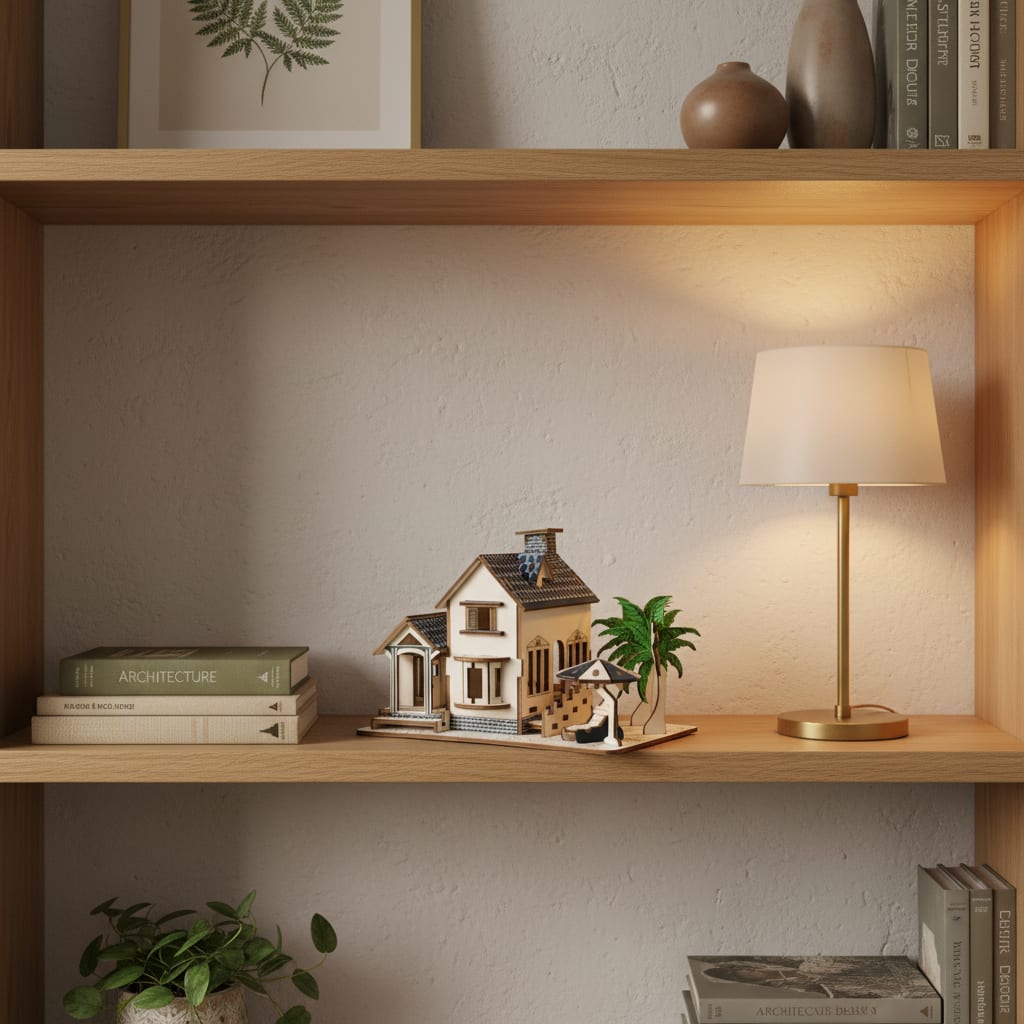 Puzzle 3D du Maison de Plage en Bois, posé sur une commode dans un intérieur design