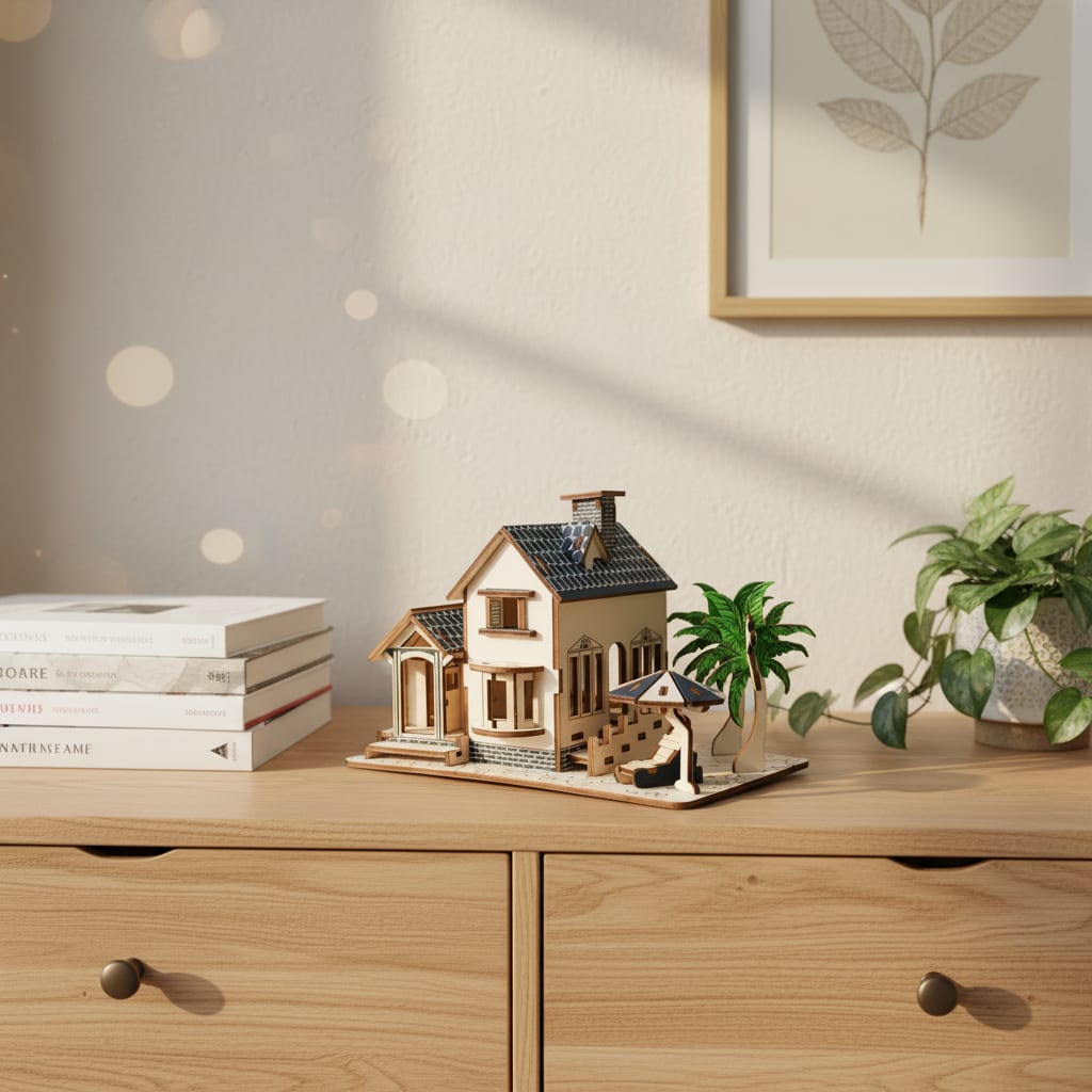Puzzle 3D du Maison de Plage en Bois, exposé sur une étagère ouverte