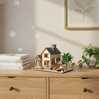 Puzzle 3D du Maison de Plage en Bois, exposé sur une étagère ouverte
