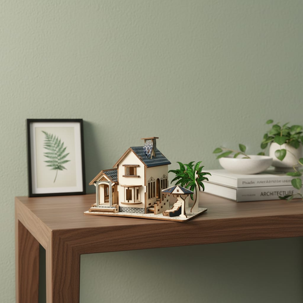 Puzzle 3D du Maison de Plage en Bois, placé sur une cheminée en pierre