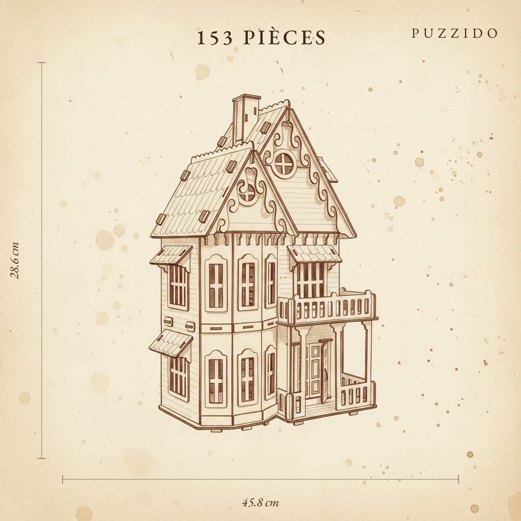 Puzzle 3D Maison de Poupée en Bois — plan technique.