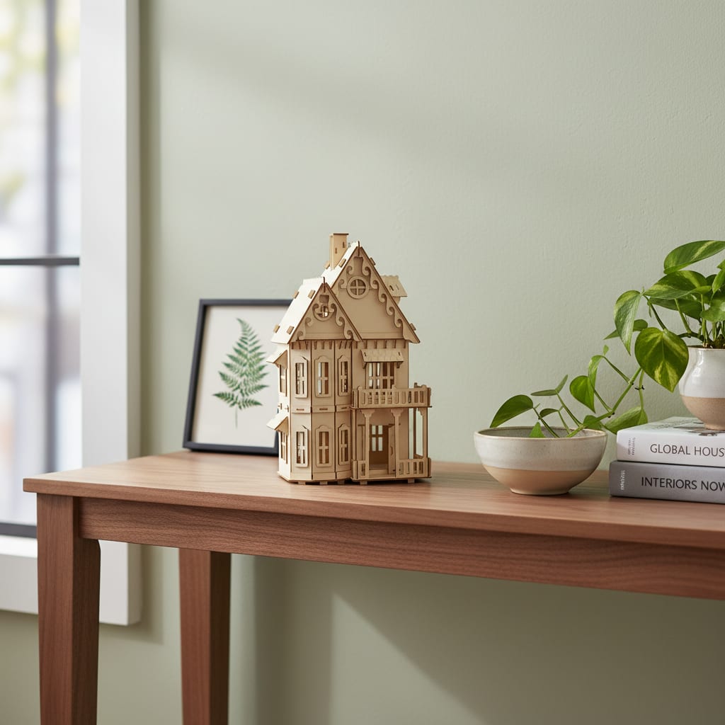 Puzzle 3D du Maison de Poupée en Bois, posé sur une commode dans un intérieur design