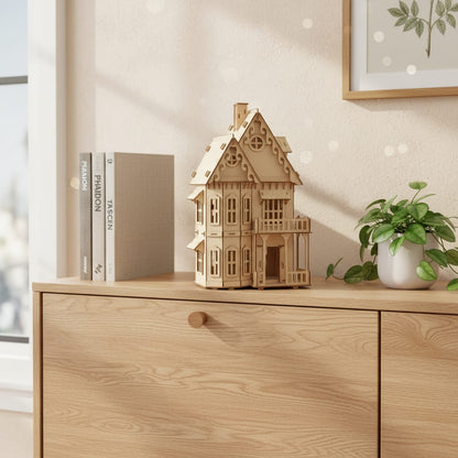 Puzzle 3D du Maison de Poupée en Bois, exposé sur une étagère ouverte