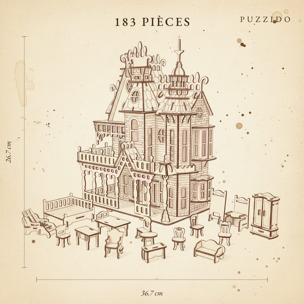 Puzzle 3D du Maison de poupée rose + décorations, plan technique avec dimensions