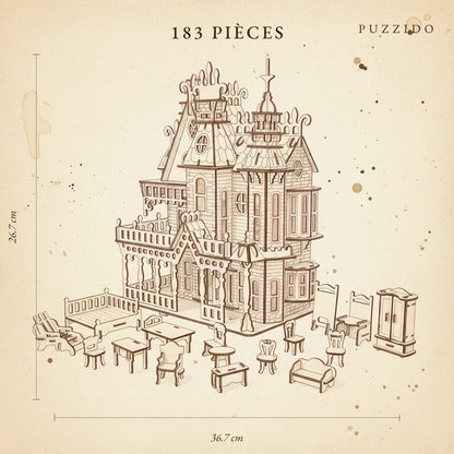 Puzzle 3D du Maison de poupée rose + décorations, plan technique avec dimensions